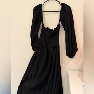 Nasty Gal Black Long Sleeve Smocked Midi Dress with Puff Sleeves 100% Cotton